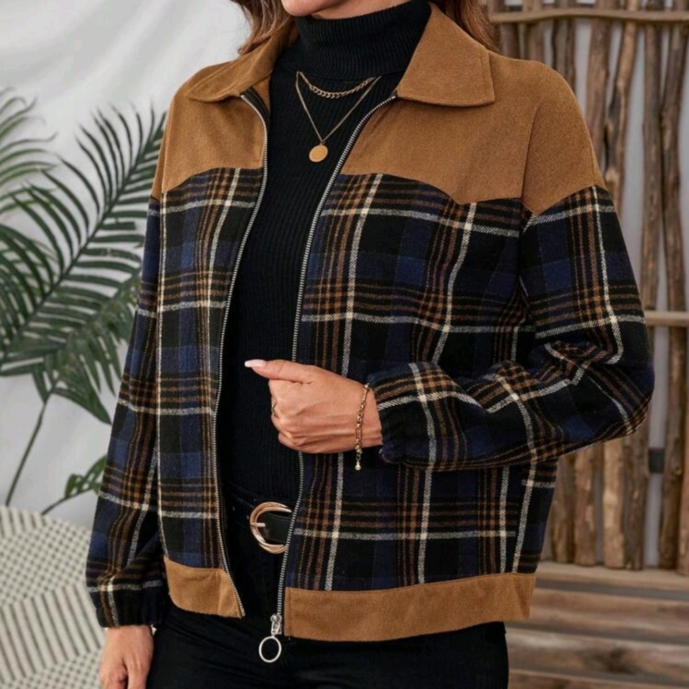 Women's Plaid Long Sleeve Zip Front Casual Jacket, Autumn/Winter - Picture 5 of 6